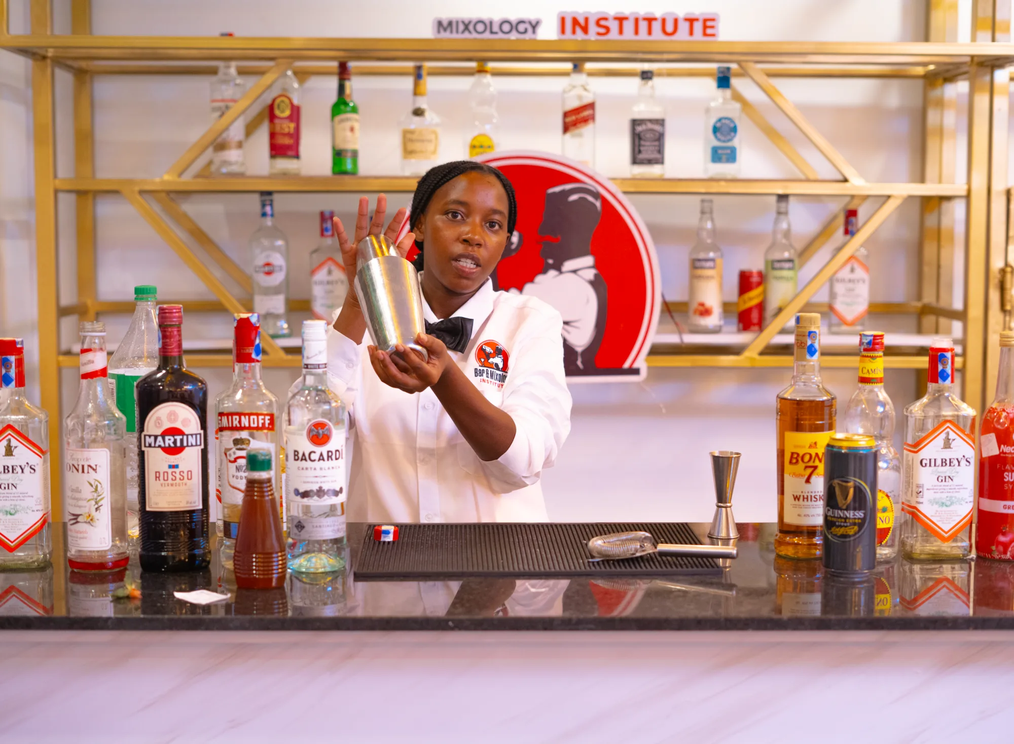 Students at Bar and Mixology Institute Nairobi practicing cocktail shaking